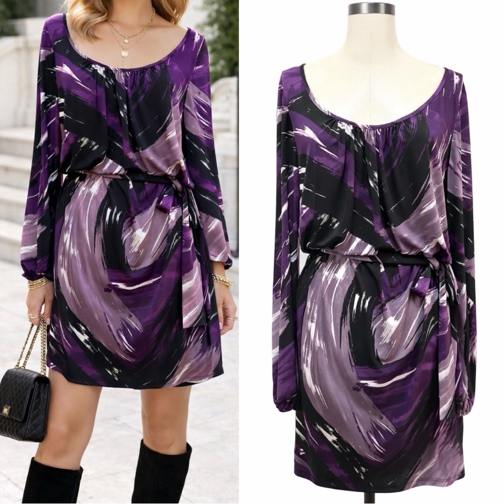 296 Laundry by Shelli Segal | NWOT Purple Abstract Print Belted Dress (Size L)